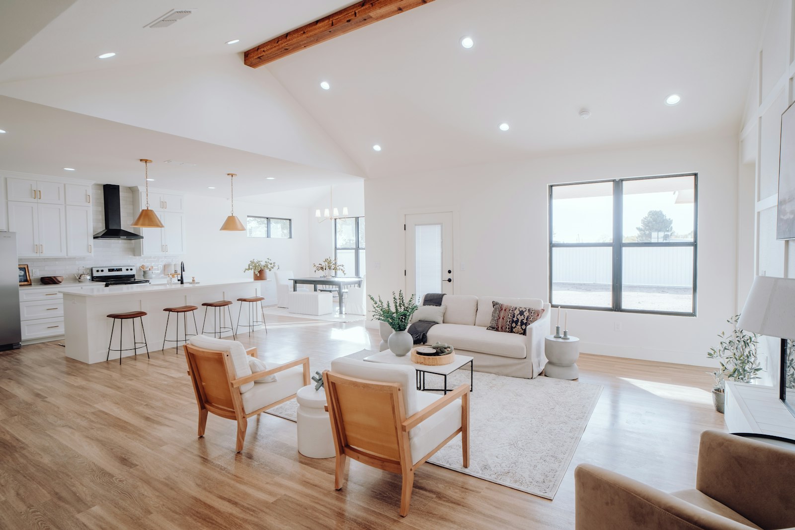 A living room with furniture and a kitchen